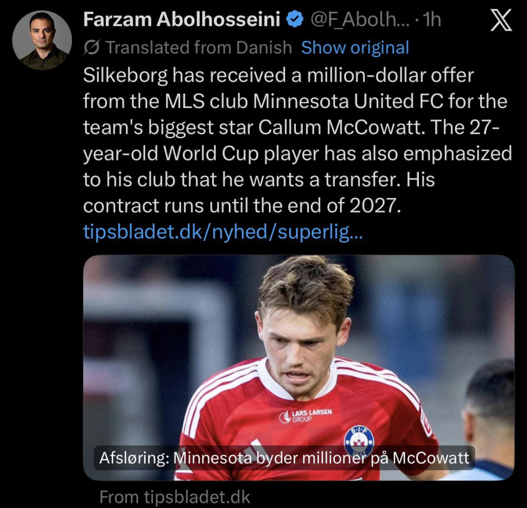 Screenshot of a tweet from Farzam Abolhosseini detailing MNUFC's interest in Callum McCowatt